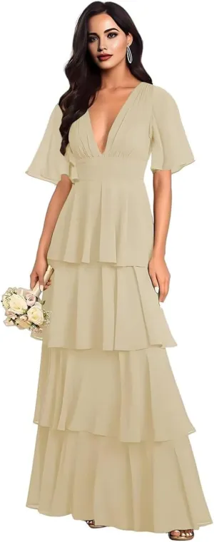 Tiered V Neck Bridesmaid Dresses for Women 2025 Chiffon Ruffle Short Sleeve Wedding Guest Formal Evening Dress