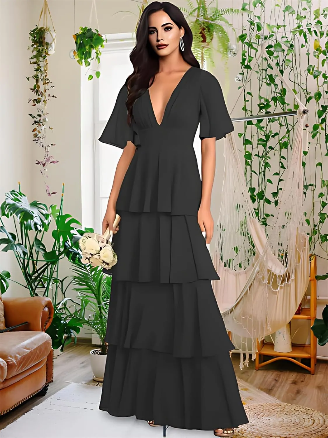 Tiered V Neck Bridesmaid Dresses for Women 2025 Chiffon Ruffle Short Sleeve Wedding Guest Formal Evening Dress