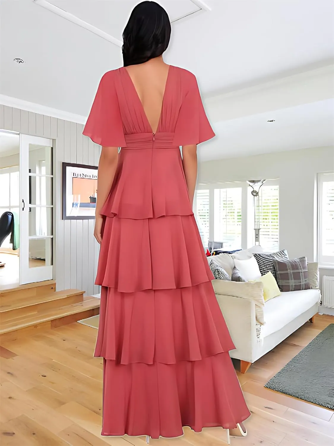 Tiered V Neck Bridesmaid Dresses for Women 2025 Chiffon Ruffle Short Sleeve Wedding Guest Formal Evening Dress