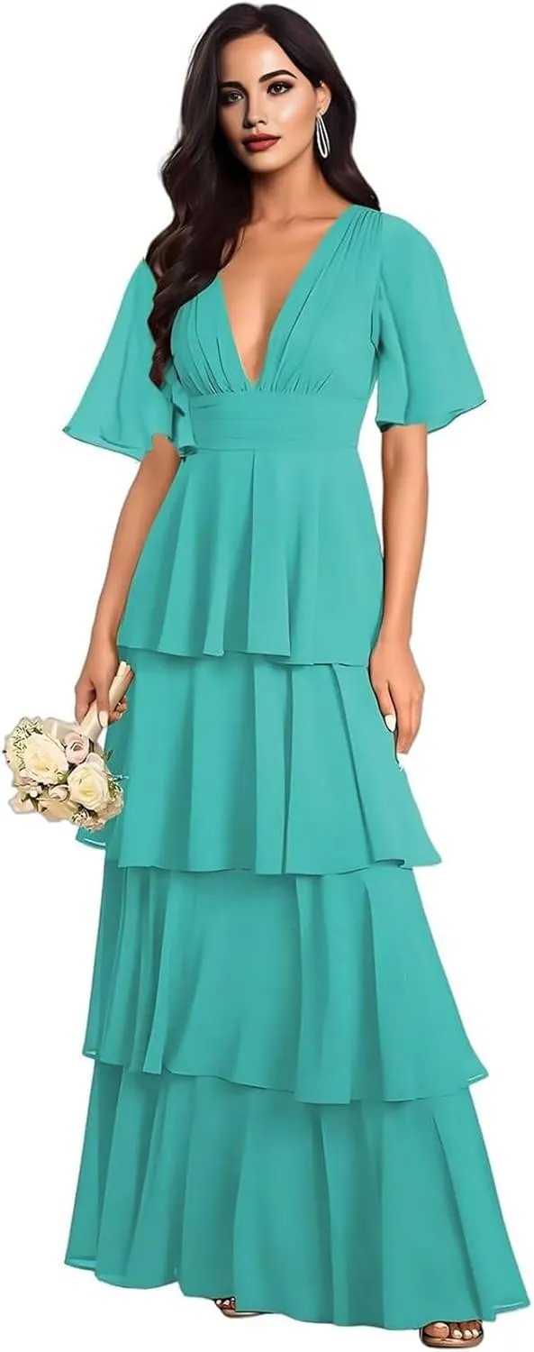 Tiered V Neck Bridesmaid Dresses for Women 2025 Chiffon Ruffle Short Sleeve Wedding Guest Formal Evening Dress