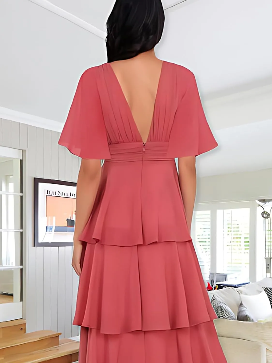 Tiered V Neck Bridesmaid Dresses for Women 2025 Chiffon Ruffle Short Sleeve Wedding Guest Formal Evening Dress