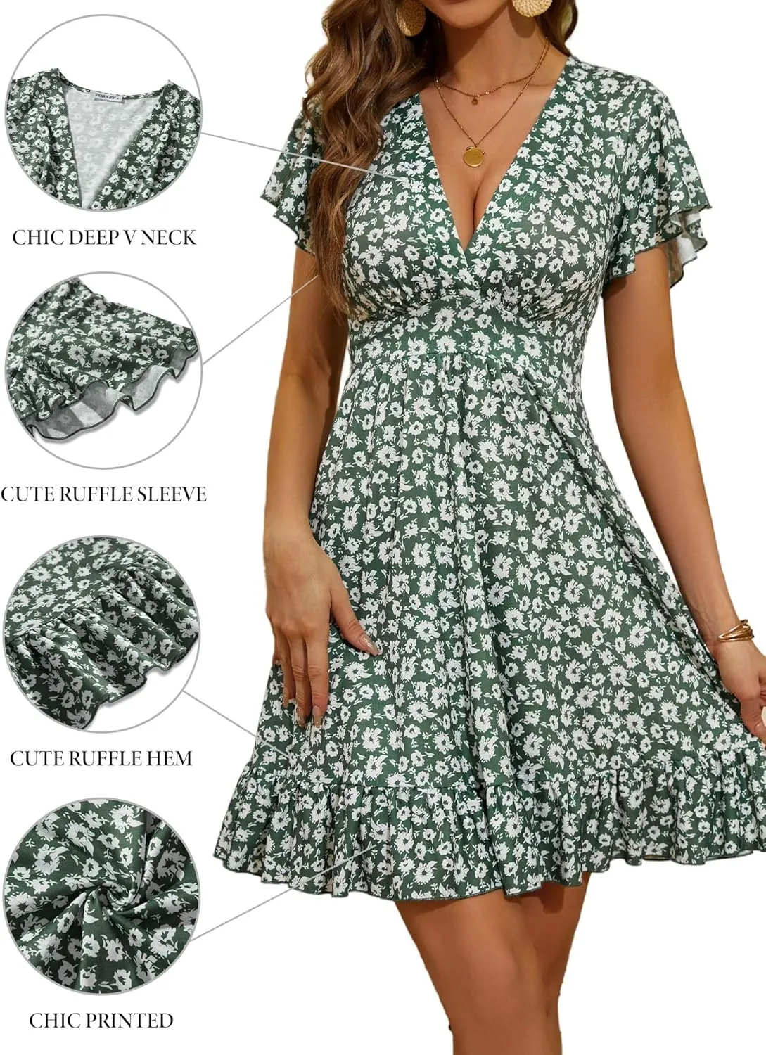 TORARY Womens Summer Dresses 2025 Floral Cap Sleeve Wrap V Neck Ruffle A-Line Sun Dress