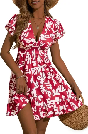 TORARY Womens Summer Dresses 2025 Floral Cap Sleeve Wrap V Neck Ruffle A-Line Sun Dress