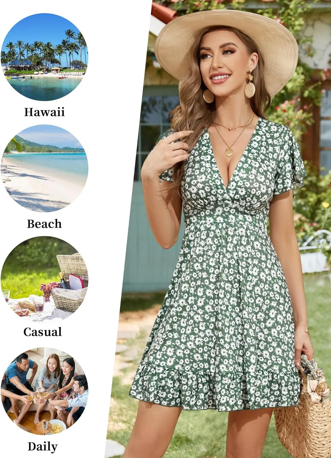 TORARY Womens Summer Dresses 2025 Floral Cap Sleeve Wrap V Neck Ruffle A-Line Sun Dress