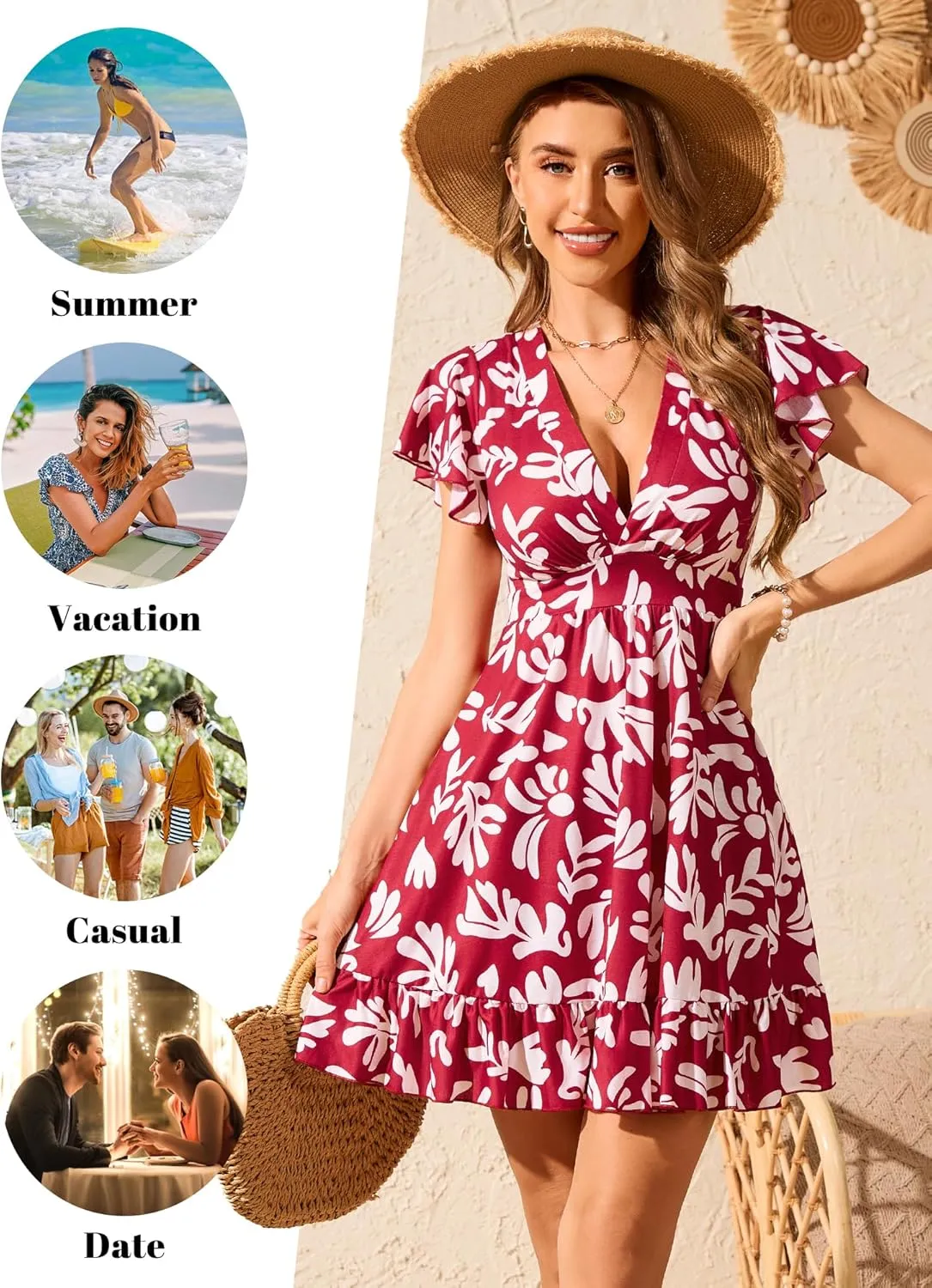 TORARY Womens Summer Dresses 2025 Floral Cap Sleeve Wrap V Neck Ruffle A-Line Sun Dress