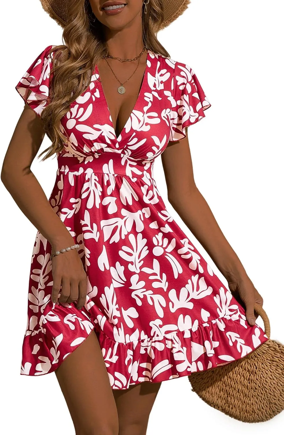 TORARY Womens Summer Dresses 2025 Floral Cap Sleeve Wrap V Neck Ruffle A-Line Sun Dress
