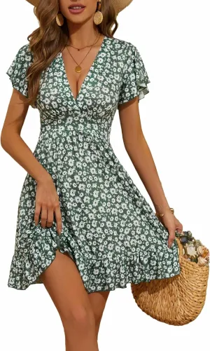 TORARY Womens Summer Dresses 2025 Floral Cap Sleeve Wrap V Neck Ruffle A-Line Sun Dress
