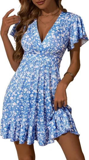 TORARY Womens Summer Dresses 2025 Floral Cap Sleeve Wrap V Neck Ruffle A-Line Sun Dress