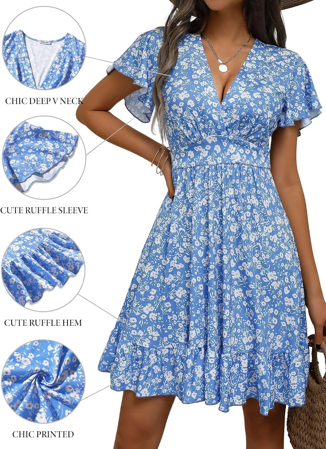 TORARY Womens Summer Dresses 2025 Floral Cap Sleeve Wrap V Neck Ruffle A-Line Sun Dress