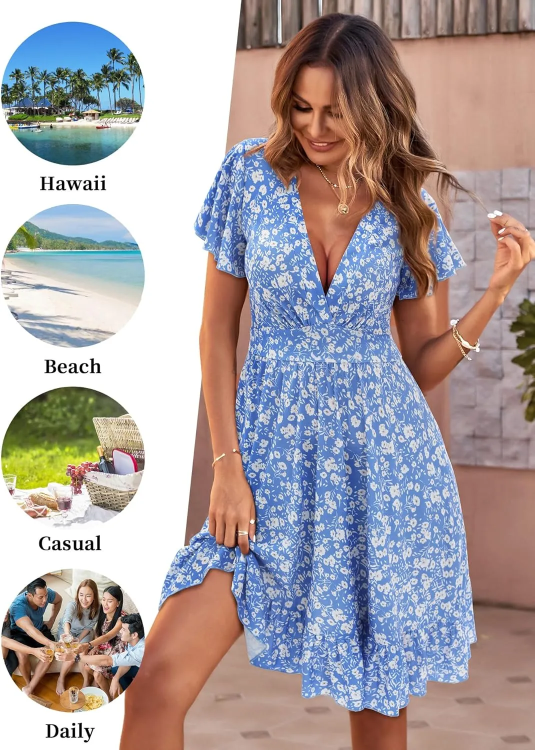 TORARY Womens Summer Dresses 2025 Floral Cap Sleeve Wrap V Neck Ruffle A-Line Sun Dress