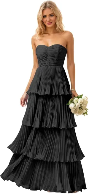 TORYEMY Strapless Tiered Chiffon Prom Dress Corset Sweetheart Neckline Long Formal Evening Gown for Women