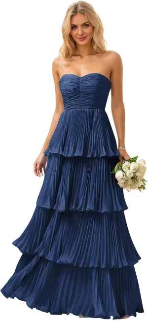 TORYEMY Strapless Tiered Chiffon Prom Dress Corset Sweetheart Neckline Long Formal Evening Gown for Women