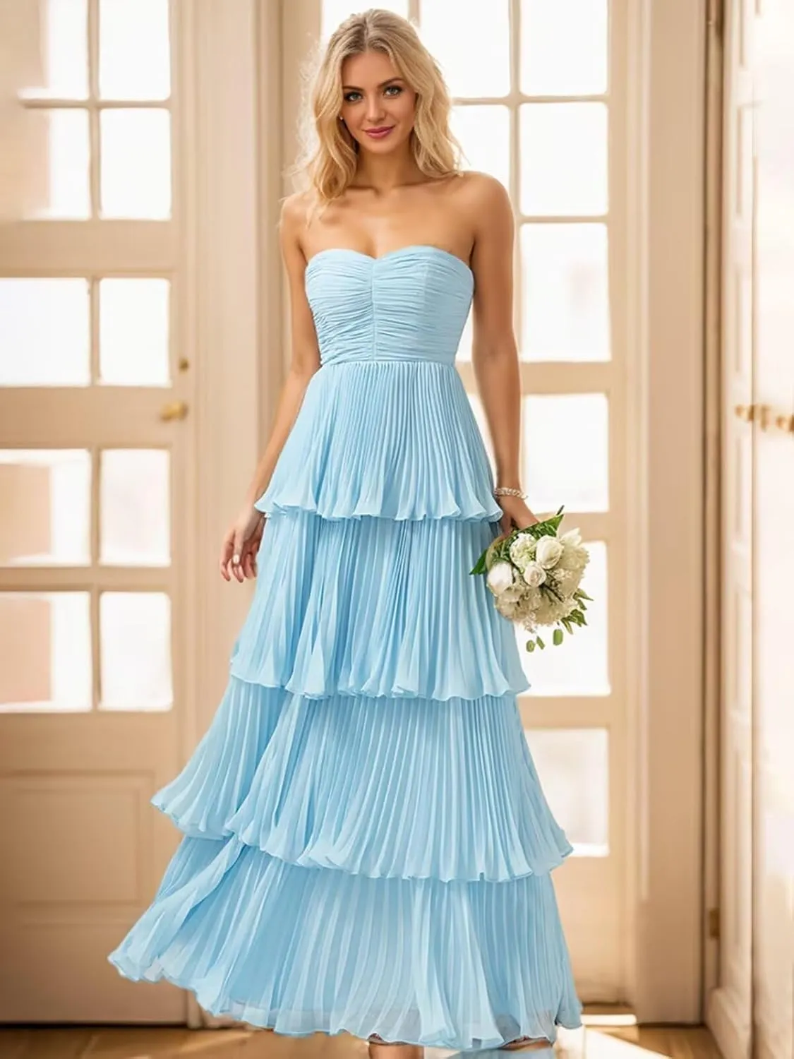 TORYEMY Strapless Tiered Chiffon Prom Dress Corset Sweetheart Neckline Long Formal Evening Gown for Women