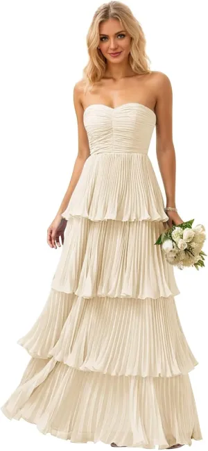 TORYEMY Strapless Tiered Chiffon Prom Dress Corset Sweetheart Neckline Long Formal Evening Gown for Women