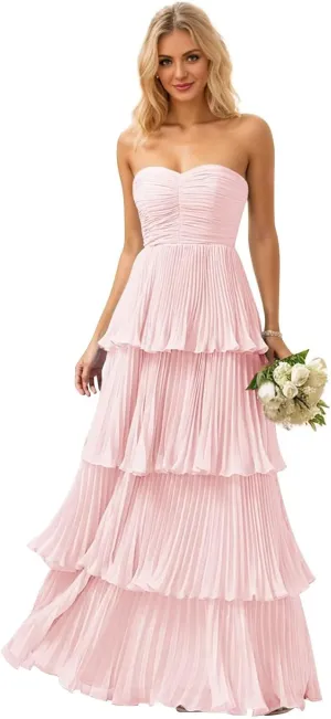 TORYEMY Strapless Tiered Chiffon Prom Dress Corset Sweetheart Neckline Long Formal Evening Gown for Women