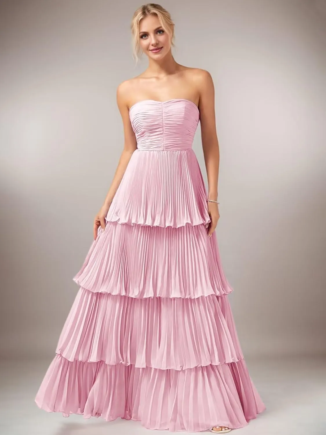TORYEMY Strapless Tiered Chiffon Prom Dress Corset Sweetheart Neckline Long Formal Evening Gown for Women