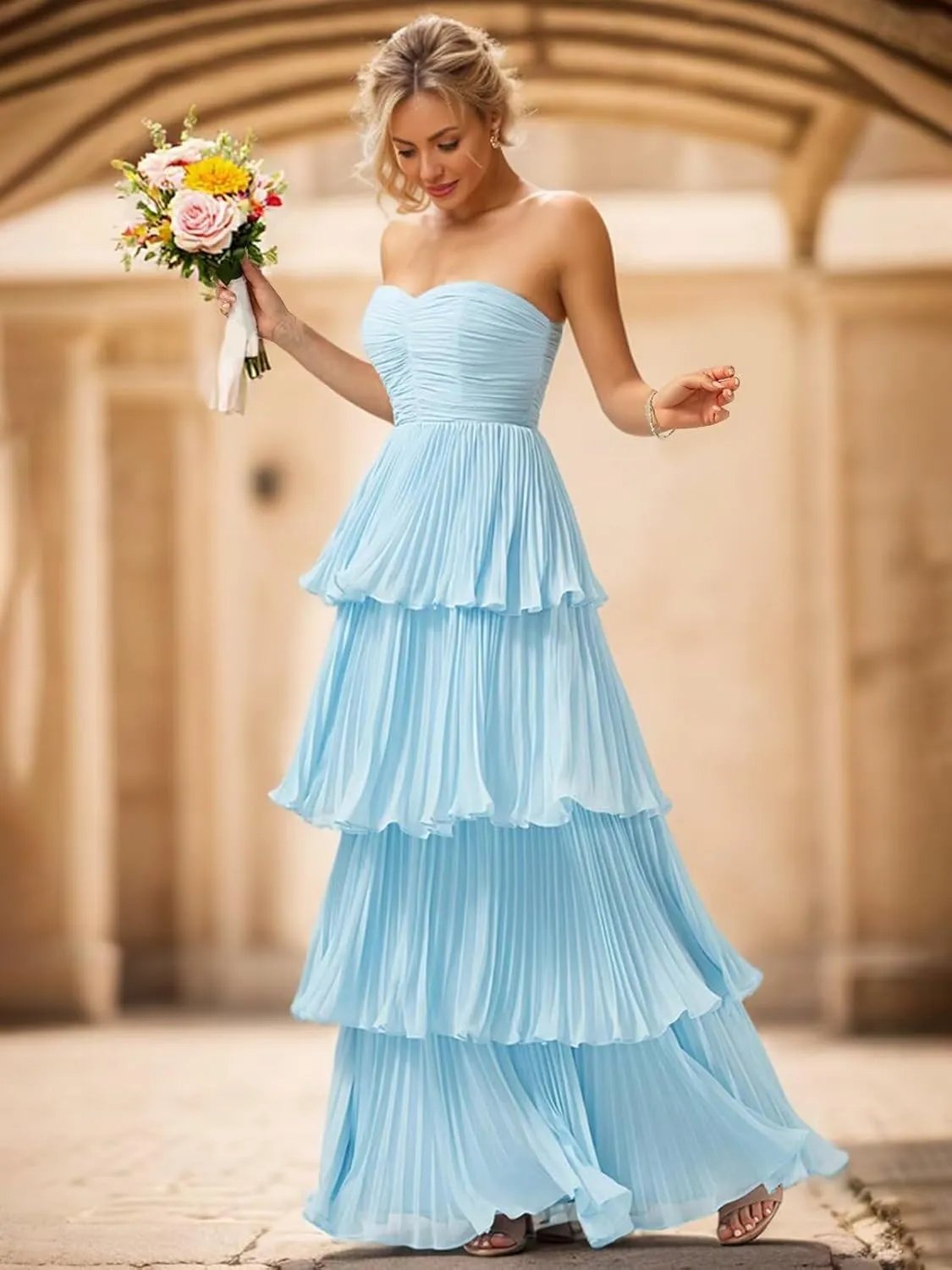 TORYEMY Strapless Tiered Chiffon Prom Dress Corset Sweetheart Neckline Long Formal Evening Gown for Women