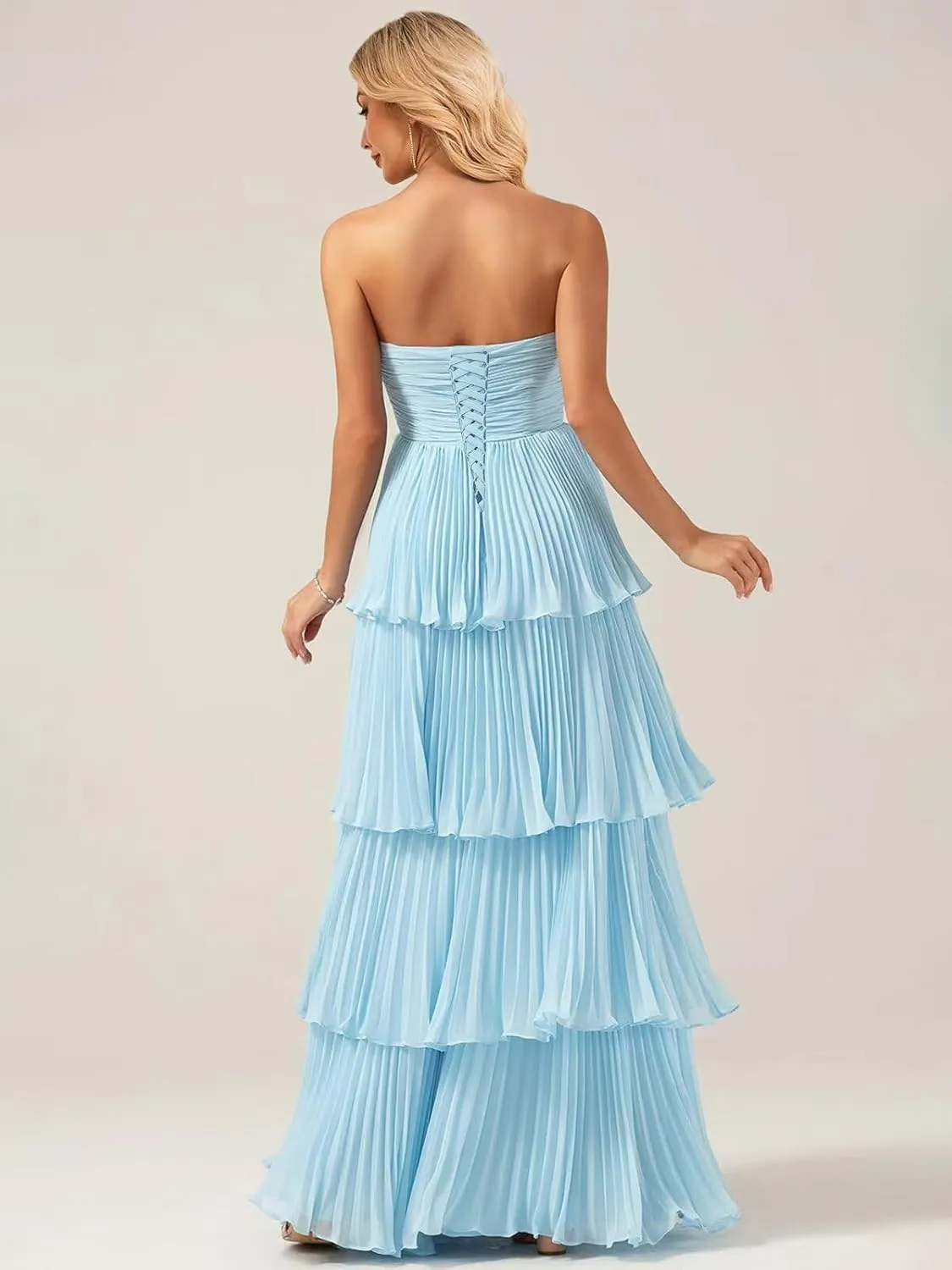 TORYEMY Strapless Tiered Chiffon Prom Dress Corset Sweetheart Neckline Long Formal Evening Gown for Women