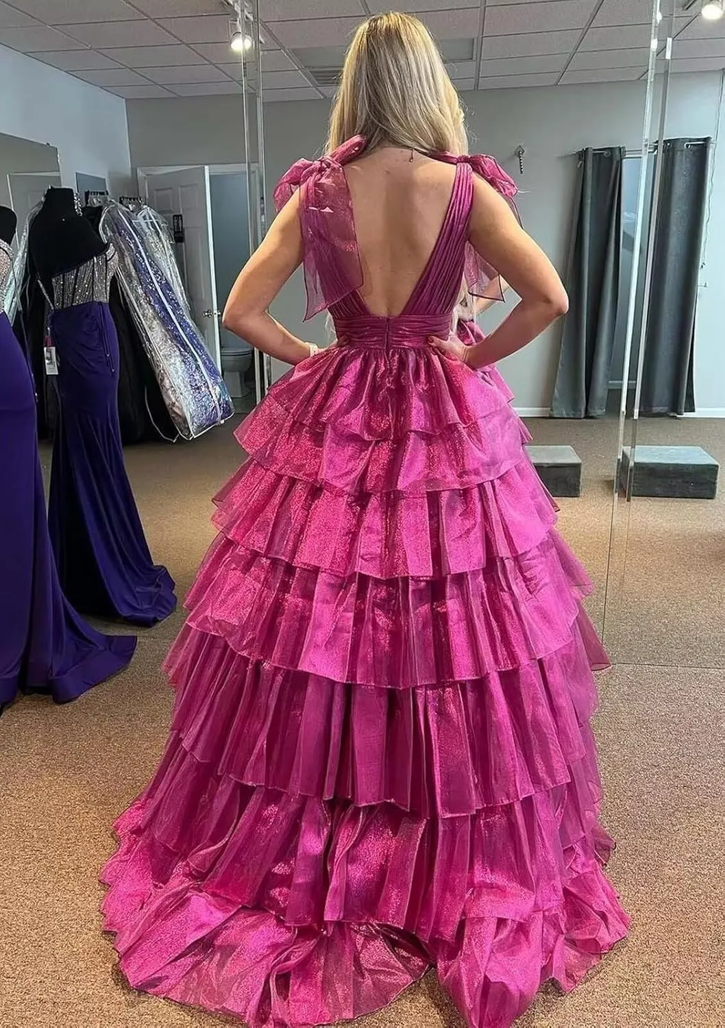 TORYEMY Tiered Tulle Prom Dress Long Ball Gown Deep V Neck Formal Evening Dresses with Slit Ruched for Women