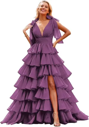 TORYEMY Tiered Tulle Prom Dress Long Ball Gown Deep V Neck Formal Evening Dresses with Slit Ruched for Women