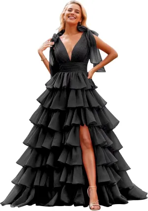 TORYEMY Tiered Tulle Prom Dress Long Ball Gown Deep V Neck Formal Evening Dresses with Slit Ruched for Women