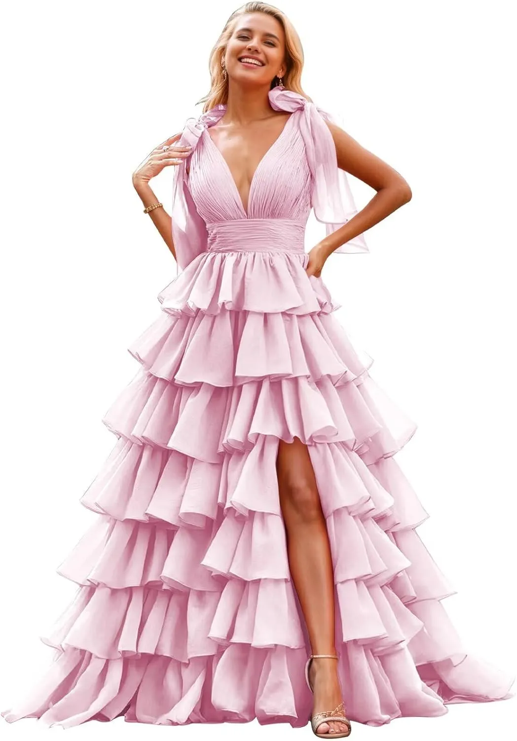 TORYEMY Tiered Tulle Prom Dress Long Ball Gown Deep V Neck Formal Evening Dresses with Slit Ruched for Women