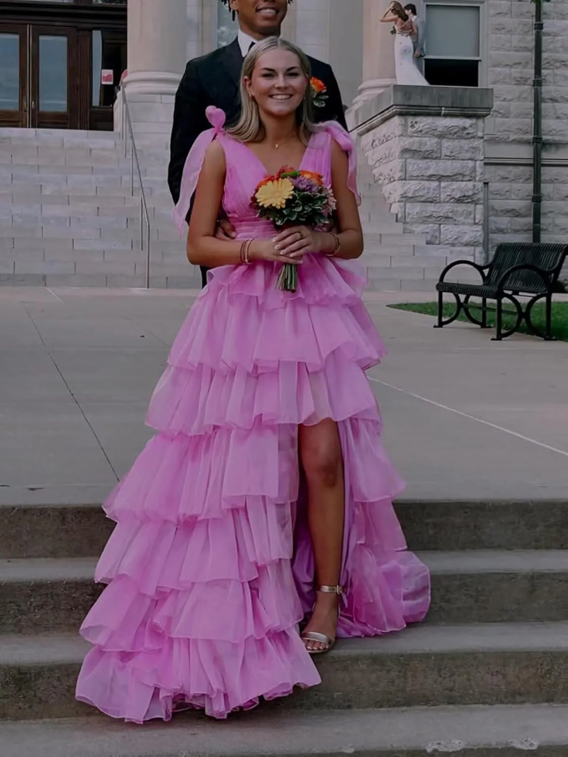 TORYEMY Tiered Tulle Prom Dress Long Ball Gown Deep V Neck Formal Evening Dresses with Slit Ruched for Women