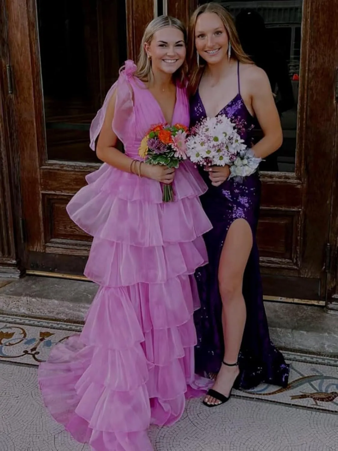 TORYEMY Tiered Tulle Prom Dress Long Ball Gown Deep V Neck Formal Evening Dresses with Slit Ruched for Women
