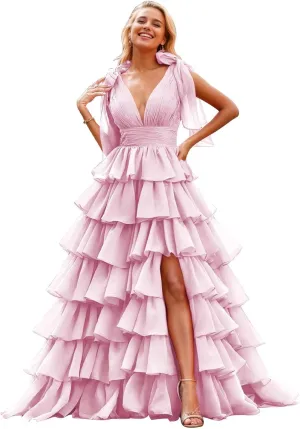 TORYEMY Tiered Tulle Prom Dress Long Ball Gown Deep V Neck Formal Evening Dresses with Slit Ruched for Women