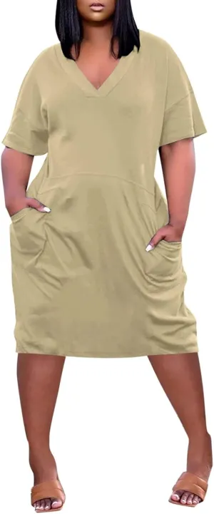 Tshirt Dress Women Plus Size Summer Loose V Neck Short Sleeve Tunic Knee Length Dress Simple Lounge Dresse with Pockets