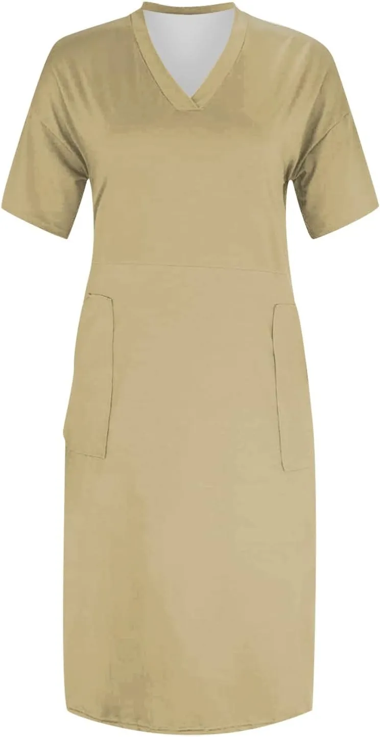 Tshirt Dress Women Plus Size Summer Loose V Neck Short Sleeve Tunic Knee Length Dress Simple Lounge Dresse with Pockets