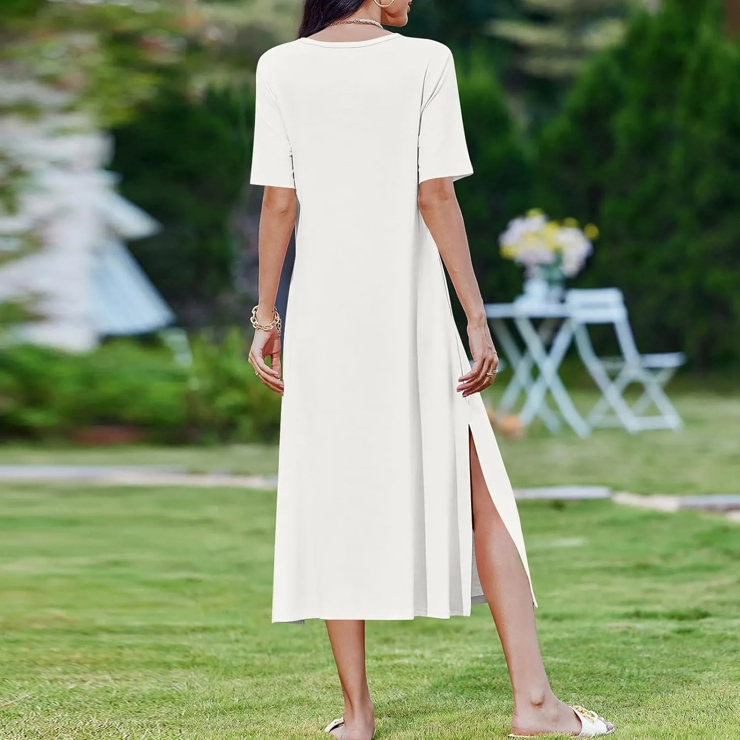 Tshirt Dress Women with Pockets Short Sleeve Side Slit Summer Midi Dresses Scoop Neck Beach Vacation Dresses