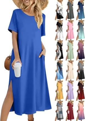 Tshirt Dress Women with Pockets Short Sleeve Side Slit Summer Midi Dresses Scoop Neck Beach Vacation Dresses