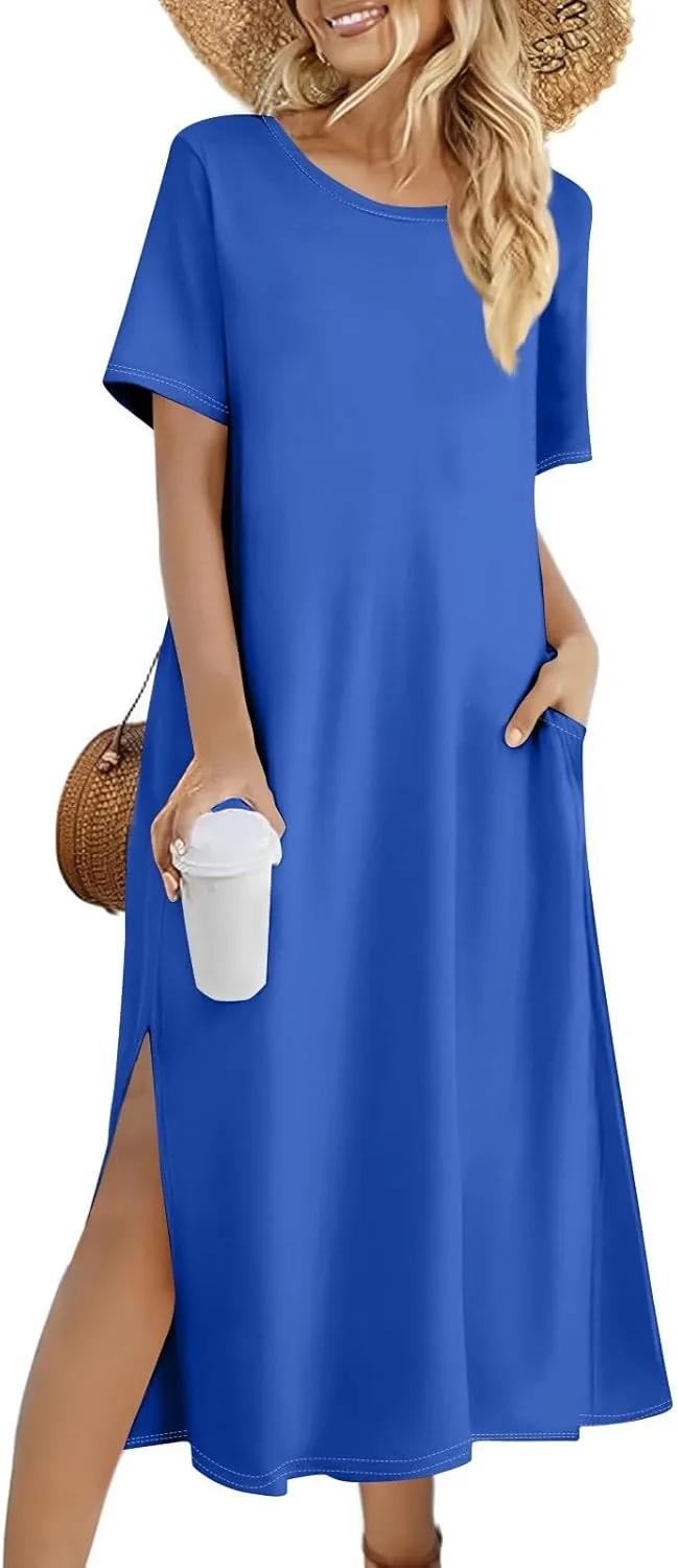 Tshirt Dress Women with Pockets Short Sleeve Side Slit Summer Midi Dresses Scoop Neck Beach Vacation Dresses