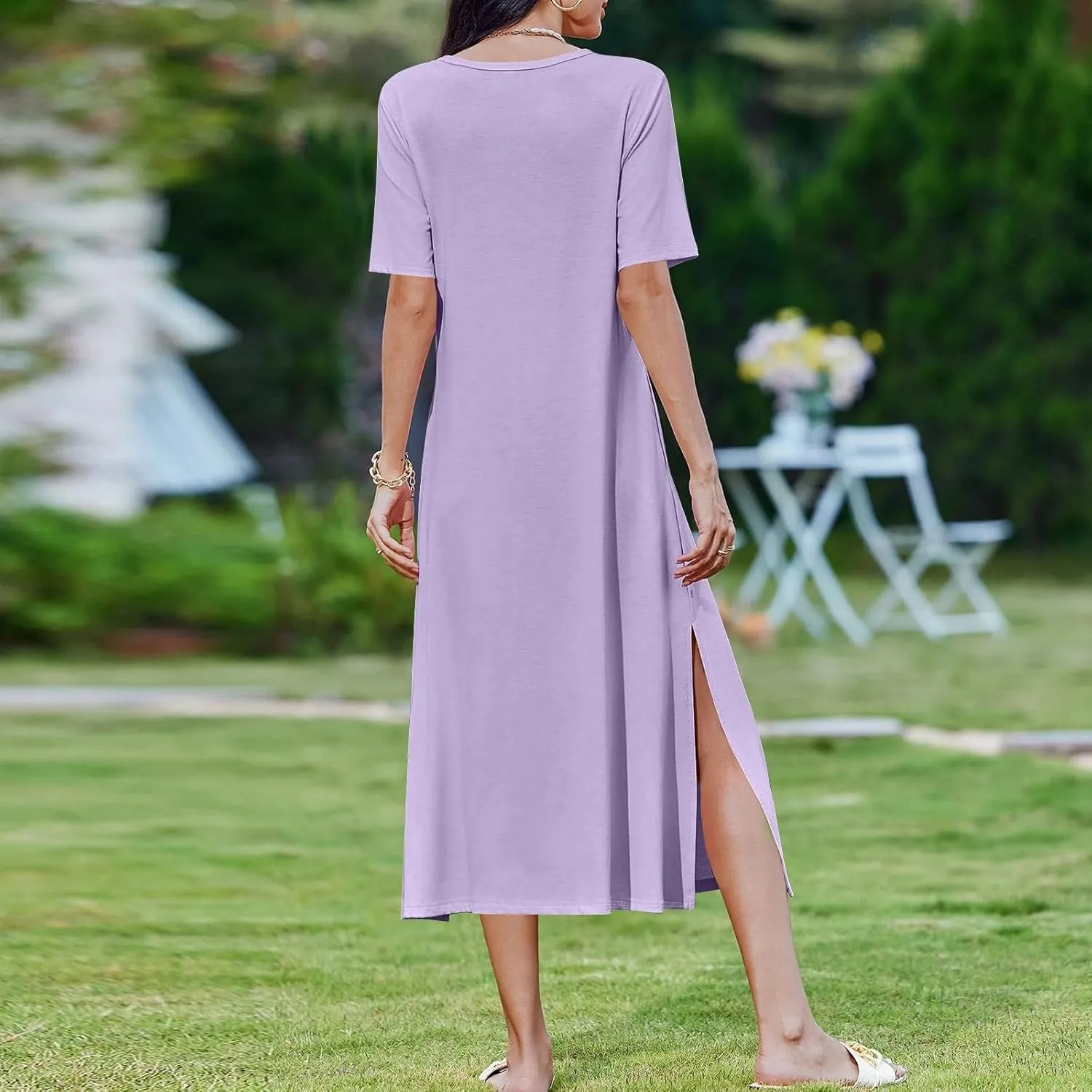 Tshirt Dress Women with Pockets Short Sleeve Side Slit Summer Midi Dresses Scoop Neck Beach Vacation Dresses