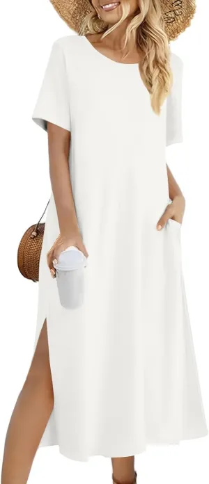 Tshirt Dress Women with Pockets Short Sleeve Side Slit Summer Midi Dresses Scoop Neck Beach Vacation Dresses