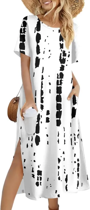 Tshirt Dress Women with Pockets Short Sleeve Side Slit Summer Midi Dresses Scoop Neck Beach Vacation Dresses