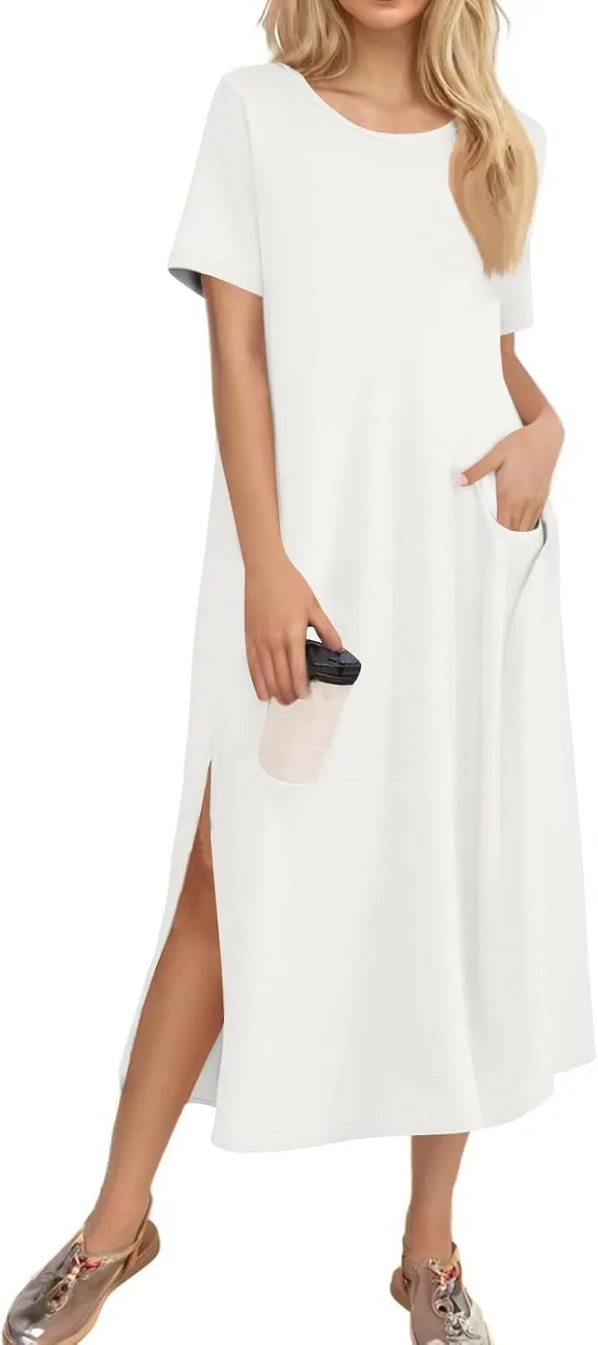 Tshirt Dress Women with Pockets Short Sleeve Side Slit Summer Midi Dresses Scoop Neck Beach Vacation Dresses