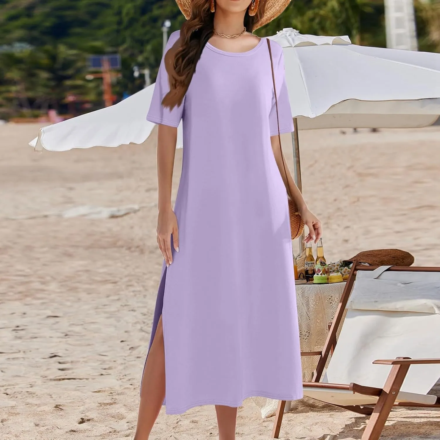 Tshirt Dress Women with Pockets Short Sleeve Side Slit Summer Midi Dresses Scoop Neck Beach Vacation Dresses