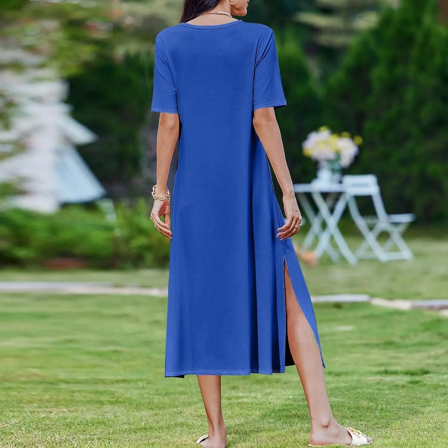 Tshirt Dress Women with Pockets Short Sleeve Side Slit Summer Midi Dresses Scoop Neck Beach Vacation Dresses