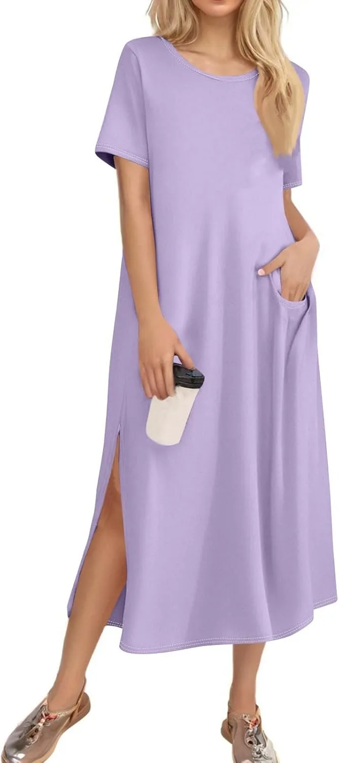 Tshirt Dress Women with Pockets Short Sleeve Side Slit Summer Midi Dresses Scoop Neck Beach Vacation Dresses