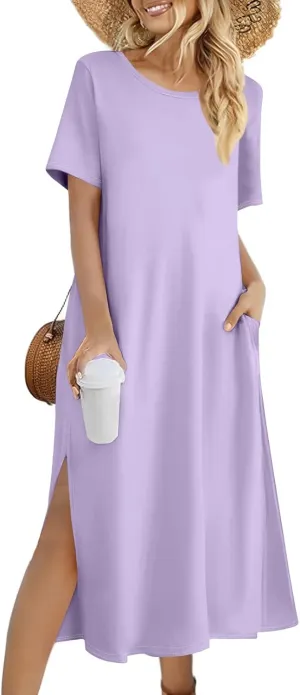 Tshirt Dress Women with Pockets Short Sleeve Side Slit Summer Midi Dresses Scoop Neck Beach Vacation Dresses
