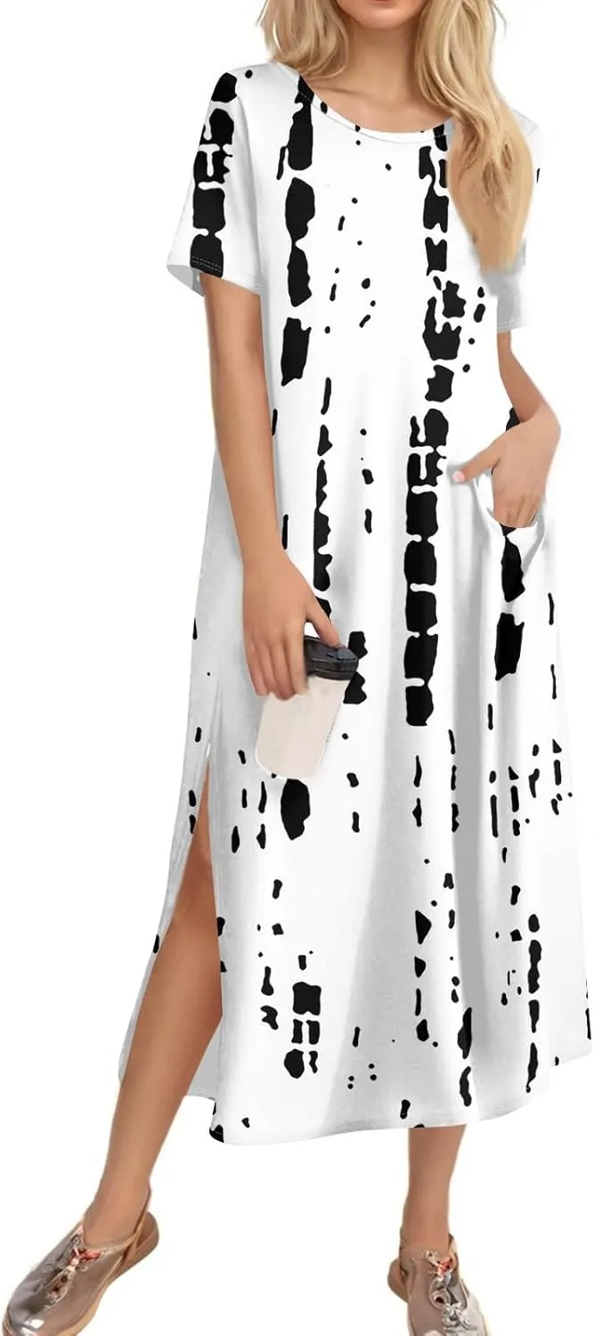 Tshirt Dress Women with Pockets Short Sleeve Side Slit Summer Midi Dresses Scoop Neck Beach Vacation Dresses
