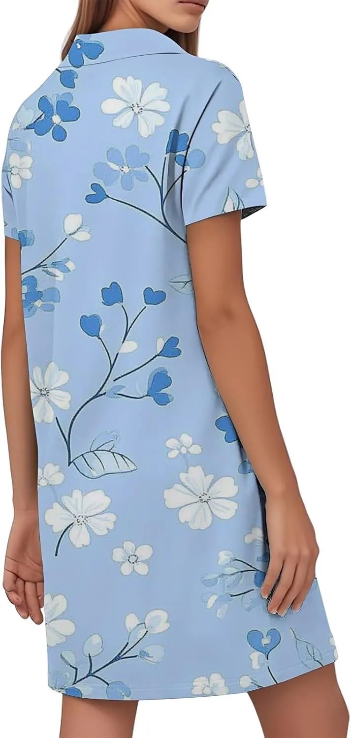 Tshirt Dresses for Women Summer Chic Boho Floral Patterned Dress Short Sleeve Lapel V Neck Flowy Resort Sundress