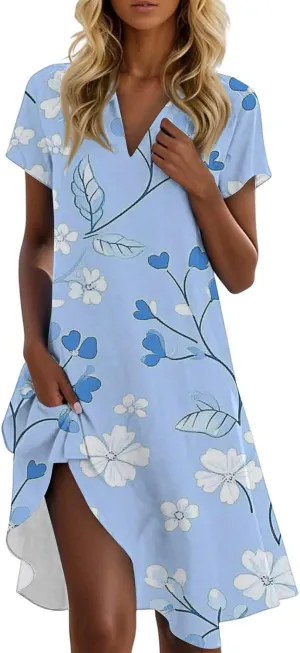 Tshirt Dresses for Women Summer Chic Boho Floral Patterned Dress Short Sleeve Lapel V Neck Flowy Resort Sundress