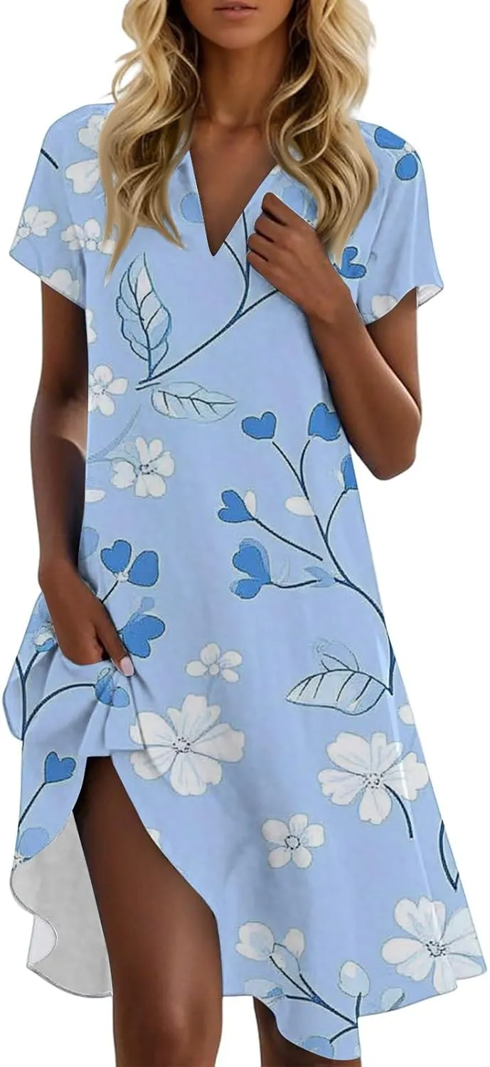 Tshirt Dresses for Women Summer Chic Boho Floral Patterned Dress Short Sleeve Lapel V Neck Flowy Resort Sundress