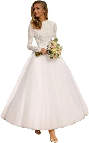 Tulle Lace Wedding Dresses for Bride 2025 Simple Long Sleeve Wedding Gown Tea Length Bridal Shower Dress