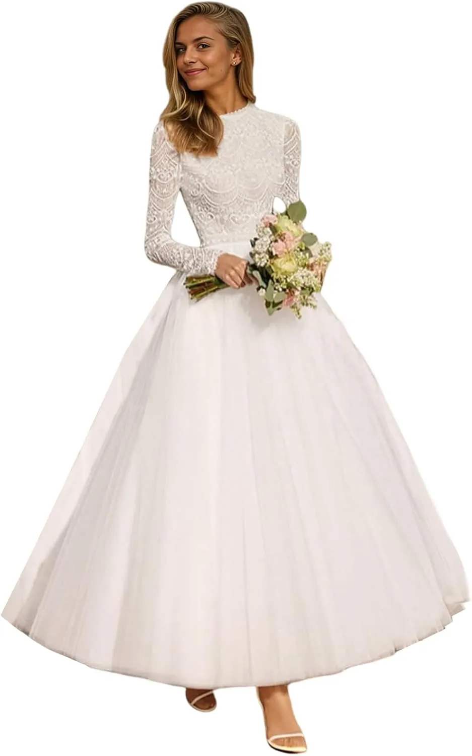Tulle Lace Wedding Dresses for Bride 2025 Simple Long Sleeve Wedding Gown Tea Length Bridal Shower Dress