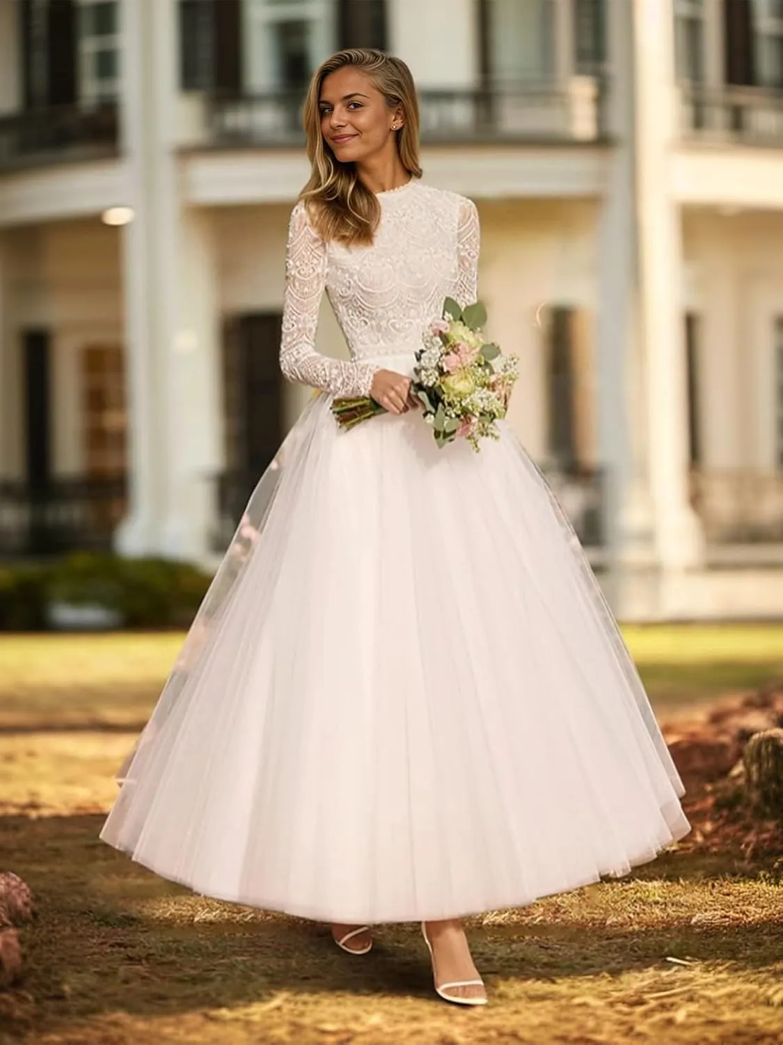 Tulle Lace Wedding Dresses for Bride 2025 Simple Long Sleeve Wedding Gown Tea Length Bridal Shower Dress