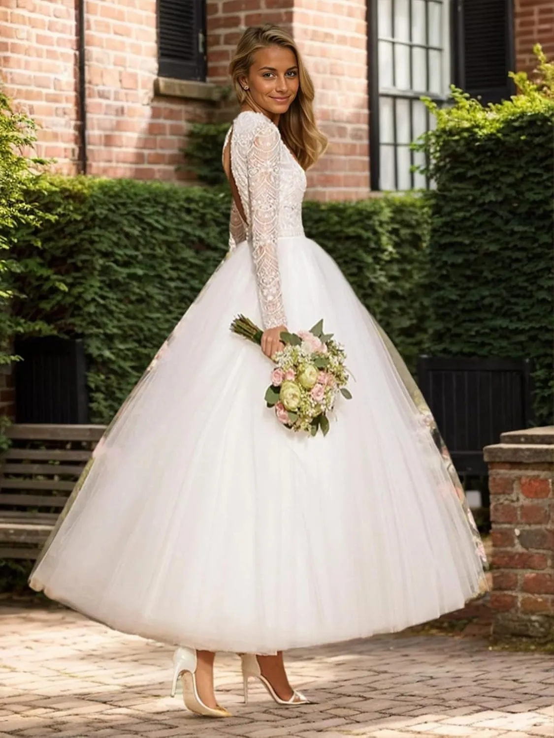 Tulle Lace Wedding Dresses for Bride 2025 Simple Long Sleeve Wedding Gown Tea Length Bridal Shower Dress